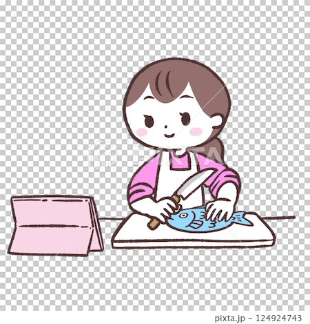 一位女士一邊看影片一邊做魚的插圖 124924743