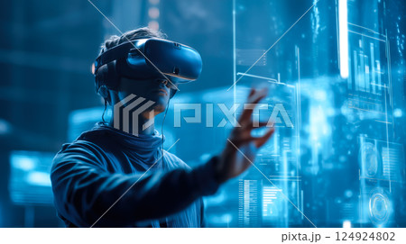 A student man learns online with futuristic technology. The concept of education, innovation, and digital learning. Generative AI. 124924802