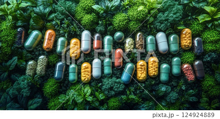 Colorful capsules arranged on green foliage in rows under soft lighting, emphasizing herbal supplements and sustainable wellness themes. 124924889