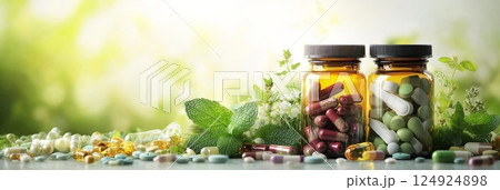 Glass jars filled with herbs surrounded by fresh leaves under sunlight. Perfect for showcasing natural supplements or herbal medicine themes. 124924898