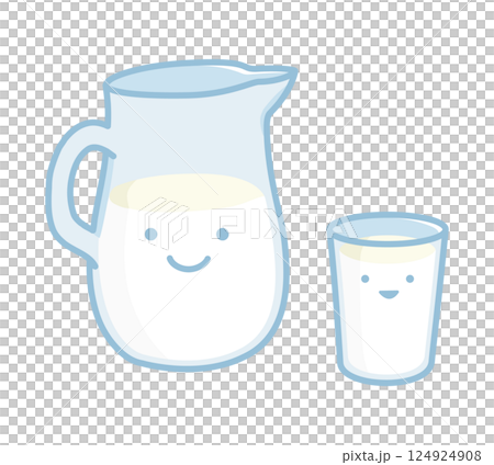 瓶とコップに入った牛乳のキャラクター 124924908