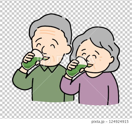 Illustration of a smiling senior couple drinking green juice with relish 124924915