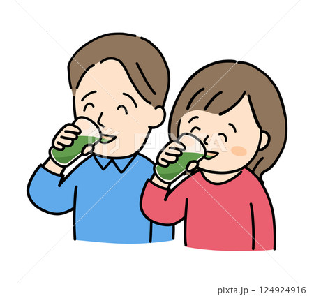 笑顔で青汁を飲む男女二人のイラスト 124924916
