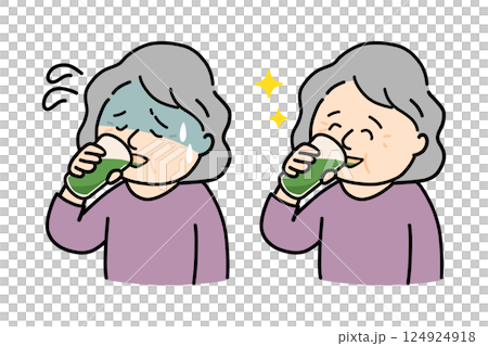 Set of illustrations of senior women with faces that dislike green juice and faces that drink it deliciously Set of illustrations of senior women with faces that dislike green juice and faces that drink it deliciously 124924918