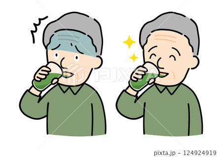 苦い青汁に驚く顔と、美味しそうに飲む顔のシニア男性イラストセット 苦い青汁に驚く顔と、美味しそうに飲む顔のシニア男性イラストセット 124924919