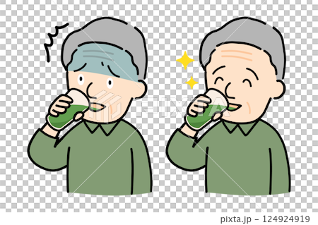 苦い青汁に驚く顔と、美味しそうに飲む顔のシニア男性イラストセット 苦い青汁に驚く顔と、美味しそうに飲む顔のシニア男性イラストセット 124924919