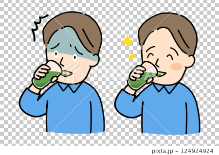 Set of illustrations of a man with a surprised face at green juice and a face drinking it with relish Set of illustrations of a man with a surprised face at green juice and a face drinking it with relish 124924924
