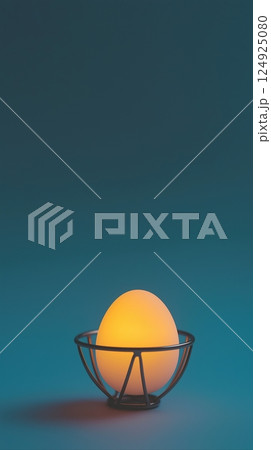 Minimal Glowing White Egg in Chrome Holder Surrounded by Soft Blue Background Minimal Glowing White Egg in Chrome Holder Surrounded by Soft Blue Background 124925080