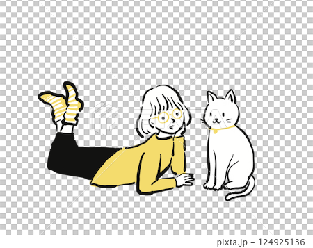 Girl with glasses talking to a cat 124925136