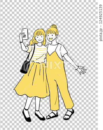 Two women taking a selfie on a trip, no background 124925139