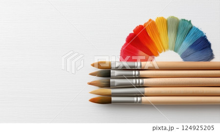 Colorful Paintbrushes and Palette on White Canvas for Artistic Inspiration and Creativity 124925205