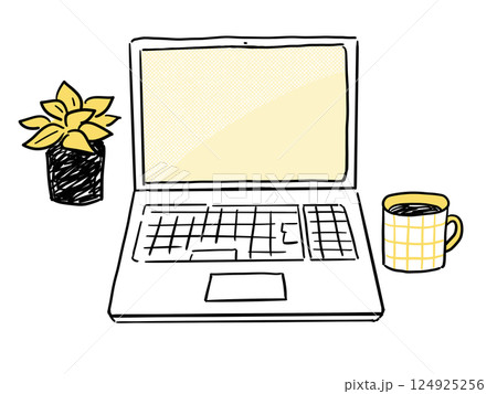 ノートパソコンと観葉植物、マグカップのイラスト 124925256