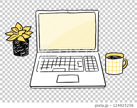 ノートパソコンと観葉植物、マグカップのイラスト 124925256