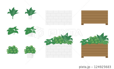 屋外用のプランターに寄せ植えした小さい観葉植物のイラスト素材セット 124925683