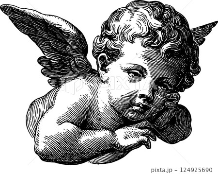 Vintage engraved illustration of a cute baby angel in black and white for art and decor Vintage engraved illustration of a cute baby angel in black and white for art and decor 124925690