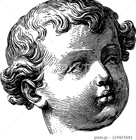 Engraved portrait of a cute baby angel featuring classic black and white design Engraved portrait of a cute baby angel featuring classic black and white design 124925691