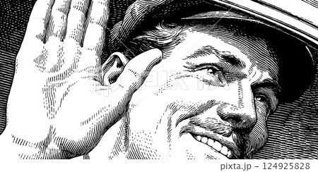 Vintage taxi driver waving enthusiastically in detailed engraved style for retro design Vintage taxi driver waving enthusiastically in detailed engraved style for retro design 124925828