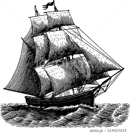Vintage maritime adventure with engraved sailing ship design for nautical decor 124925835