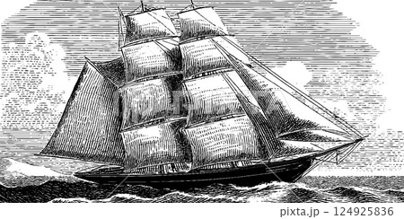 Engraved vintage sailing ship on ocean waves for nautical design and historical themes 124925836