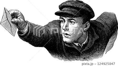 Vintage postman engraving depicting mail delivery concept for retro design Vintage postman engraving depicting mail delivery concept for retro design 124925847