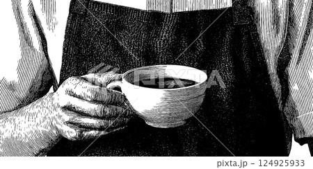 Detailed engraving of a barista holding a coffee cup for beverage art design Detailed engraving of a barista holding a coffee cup for beverage art design 124925933