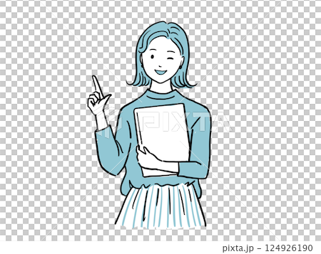 Woman holding a laptop and winking & pointing 124926190