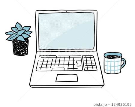 ノートパソコンと観葉植物、マグカップのイラスト 124926193