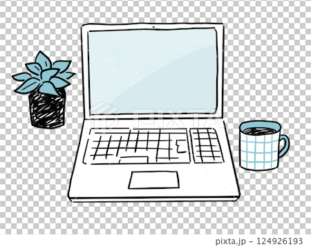ノートパソコンと観葉植物、マグカップのイラスト 124926193