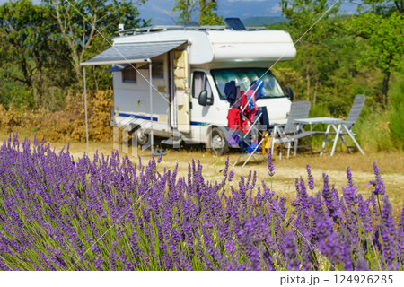 Clothes hanging to dry outdoors by camping car. Caravan vacation in France 124926285