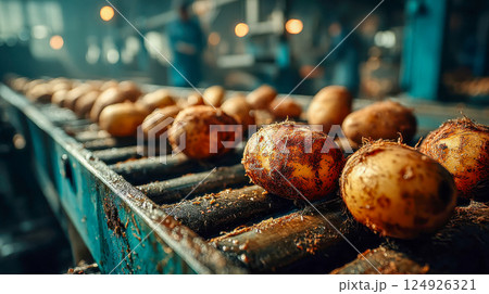 Close-up of roasted potatoes on a conveyor belt with glistening salt crystals being sprinkled, in a food production environment Close-up of roasted potatoes on a conveyor belt with glistening salt crystals being sprinkled, in a food production environment 124926321