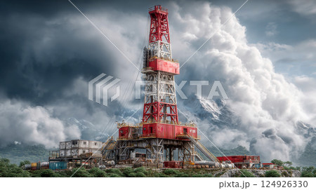 Large red and white oil drilling rig stands tall against stormy skies and mountain backdrop 124926330