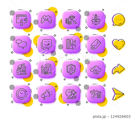 Shield, Cloud sync and Money tax line icons. App 3d buttons. Social media comment, share, like icons. Pack of Startup, Time change, Yummy smile icon. E-mail, Gamepad, Wallet pictogram. Vector Shield, Cloud sync and Money tax line icons. App 3d buttons. Social media comment, share, like icons. Pack of Startup, Time change, Yummy smile icon. E-mail, Gamepad, Wallet pictogram. Vector 124926603