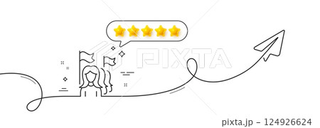 Feminism line icon. Continuous line with share plane. Women protest sign. People with flags symbol. Five star rate review in speech bubble. Feminism single line ribbon. Loop curve pattern. Vector 124926624