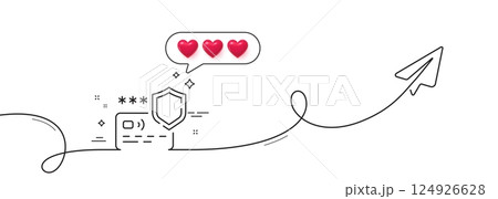 Payment protection line icon. Continuous line with share plane. Credit card secure sign. Money defense symbol. Hearts rate review in speech bubble. Payment protection single line ribbon. Vector 124926628