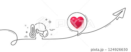 Sick man with medical mask line icon. Continuous line with share plane. Safety respiratory mask sign. Coronavirus face protection symbol. 3d heart in speech bubble. Sick man single line ribbon. Vector 124926630