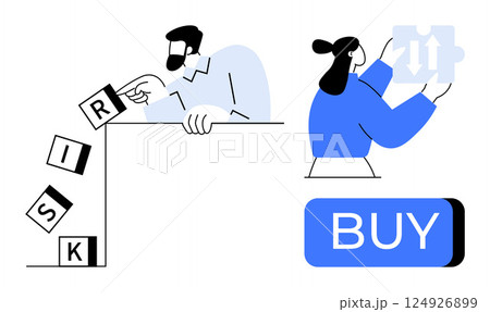 Man topples risk blocks while woman holds strategy puzzle pieces near buy button. Ideal for business strategy, decision making, investment, financial planning, risk management, marketing 124926899