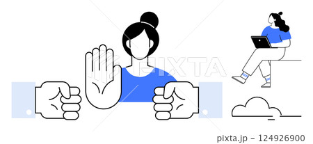 Woman raises hand to halt two clenched fists, symbolizing conflict resolution. Another woman sitting with laptop against serene backdrop. Ideal for conflict management, equality, balance, remote 124926900
