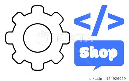 Black gear next to blue coding tags and a blue speech bubble with the word Shop. Ideal for web development, e-commerce, digital marketing, online stores, and technology services. Simple vector style 124926939