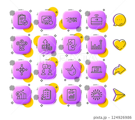 Efficacy, Contactless payment and Euro rate line icons. App 3d buttons. Social media comment, share, like icons. Pack of Approved report, Inclusion, Interview icon. Vector 124926986