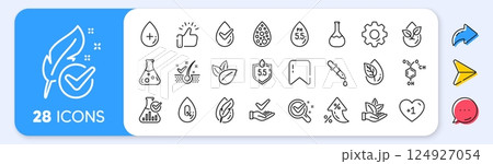 No artificial colors, Anti-dandruff flakes free line icons. Interest rate, AI generate, Inflation icons. Dermatologically tested, Alcohol free and Paraben chemical formula icons. Vector 124927054