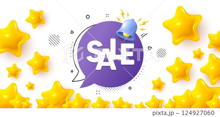 Sale banner winner banner with 3d stars. Golden stars banner. Sale banner with 3d bell. Discount offer alert. Coupon badge icon. Review rate background. Vector 124927060