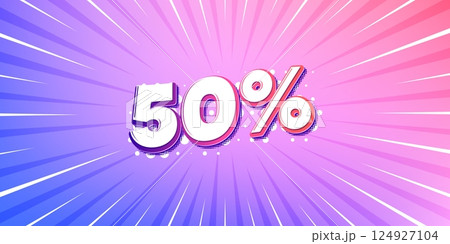 Discount sun rays gradient banner. Light burst background. 50 percent off sale tag. Discount offer price sign. Special offer symbol. Gradient sun rays. Sunburst light. Vector 124927104