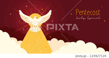 Pentecost Sunday Holy Spirit. Dove with Divine Light Clouds on Burgundy Background Banner. Catholics, Christians Religious Holiday. Horizontal Poster for Biblical Series. Vector Illustration 124927120