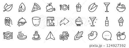 Apple carrot, Restaurant app and Water drop line icons pack. Share, Message, Paper plane icons. Juice, Pistachio nut, Ice cream web icon. Pizza, Mint leaves, Food app pictogram. Vector 124927392