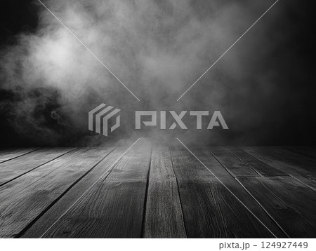 A wooden floor is partially covered by a thick, swirling mist, creating an atmospheric, moody, and mysterious scene with contrasting light and shadow. A wooden floor is partially covered by a thick, swirling mist, creating an atmospheric, moody, and mysterious scene with contrasting light and shadow. 124927449