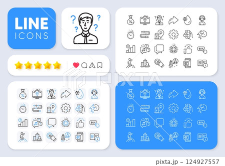 Leadership, Work home and Startup line icons for web app. Message, Share, Like social media icons. Pack of Touchscreen gesture, Talk bubble, Buy button pictogram icons. Vector 124927557