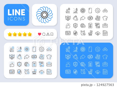 Time management, Shield and Cloud computing line icons for web app. Message, Share, Like social media icons. Pack of Floor lamp, Gps, Card pictogram icons. Vector Time management, Shield and Cloud computing line icons for web app. Message, Share, Like social media icons. Pack of Floor lamp, Gps, Card pictogram icons. Vector 124927563