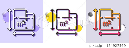 Floor plan line icon. Halftone dotted pattern. Gradient icon with grain shadow. Room dimension sign. House area measurement symbol. Line floor plan icon. Various designs. Vector 124927569