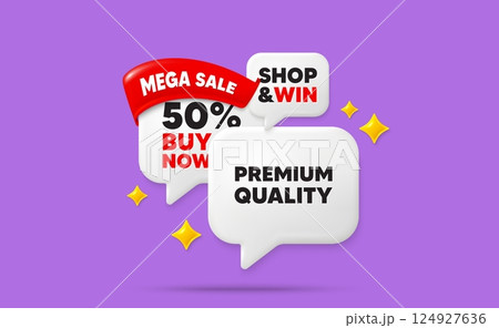 Premium quality speech bubbles. Mega sale flag ribbon. Premium quality tag. High product sign. Top offer symbol. Discount chat bubbles with 3d sparkles. Vector 124927636