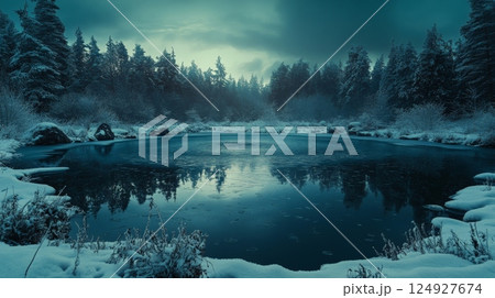 Frozen lake reflecting snowy forest at dawn Frozen lake reflecting snowy forest at dawn 124927674